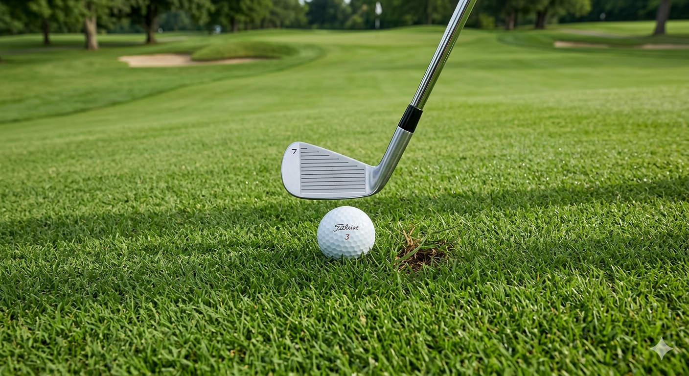 Iron shot from the fairway showing correct divot position