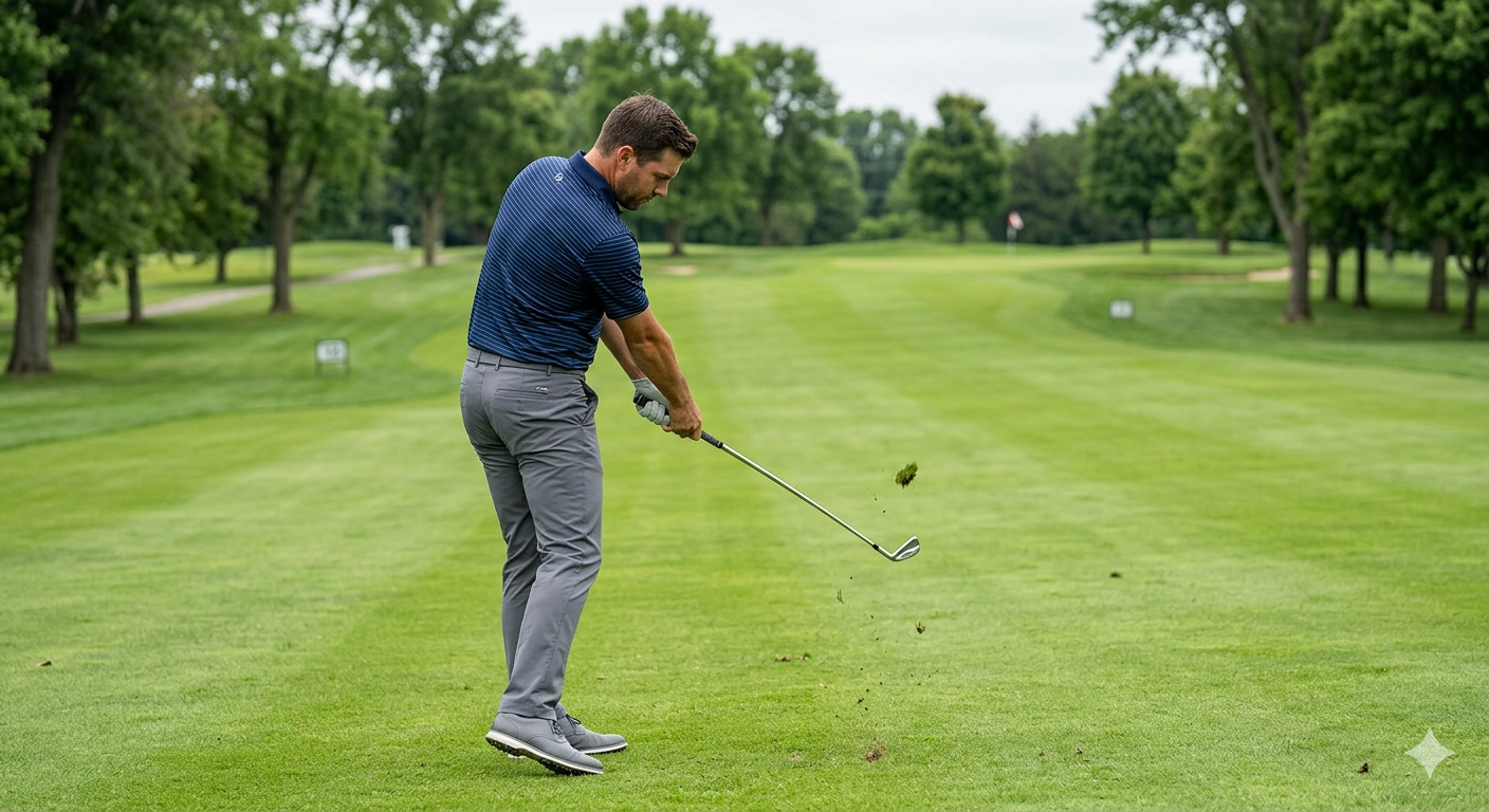 Golfer at address on a driving range demonstrating correct posture and setup